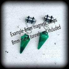 Load image into Gallery viewer, 0 gauge ear weights,  8mm weights, Green onyx, Ear hangers, Magnetic clasp, Tunnel dangles, Plug dangles, Quartz weights, Hanging gauges