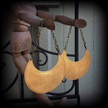 Load image into Gallery viewer, 0 gauge ear hangers Brass Moon earrings Statement earrings Warrior earrings Plug earrings Artemis jewelry Tunnel earrings Goddess jewelry