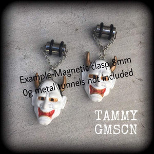 0 gauge tunnel dangles, 10mm plug earrings, Hannya Mask ear hangers, Ear weights, Hanging gauges, Gauged earrings, For stretched lobes 2g 4g
