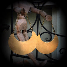 Load image into Gallery viewer, 0 gauge ear hangers Brass Moon earrings Statement earrings Warrior earrings Plug earrings Artemis jewelry Tunnel earrings Goddess jewelry