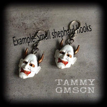 Load image into Gallery viewer, 0 gauge tunnel dangles, 10mm plug earrings, Hannya Mask ear hangers, Ear weights, Hanging gauges, Gauged earrings, For stretched lobes 2g 4g