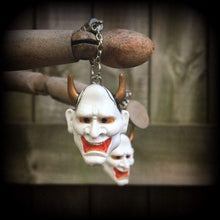 Load image into Gallery viewer, 0 gauge tunnel dangles, 10mm plug earrings, Hannya Mask ear hangers, Ear weights, Hanging gauges, Gauged earrings, For stretched lobes 2g 4g