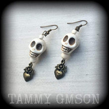 Load image into Gallery viewer, Skull earrings Voodoo earrings Heart earrings Erzulie Day of the dead earrings Love Tunnel dangles Plug dangles Tunnel earrings Santeria 0g