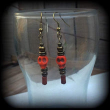 Load image into Gallery viewer, Skull earrings, Voodoo earrings, Papa Legba, Santeria, Skull jewelry, Tunnel earrings, Plug earrings, Hanging gauges, Plug gauges 8g 6g 4g