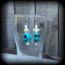 Load image into Gallery viewer, Frost Bite earrings  Day of the Dead earrings Skull earrings Inverted cross earrings Halloween earrings Plug dangles Tunnel earrings Gauges
