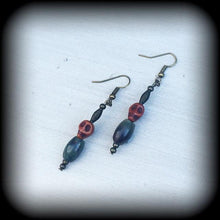 Load image into Gallery viewer, Skull earrings Voodoo Loa Papa Legba earrings Stone Bronze Jasper Tunnel earrings Dangle earrings Pierced ears Tunnel dangles Plug earrings