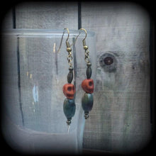 Load image into Gallery viewer, Skull earrings Voodoo Loa Papa Legba earrings Stone Bronze Jasper Tunnel earrings Dangle earrings Pierced ears Tunnel dangles Plug earrings