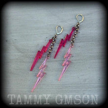 Load image into Gallery viewer, Lightning Bolt earrings Pink Retro Kitsch earrings Bowie earrings Tunnel dangles Plug earrings Pierced ears Stretched ears Gauges Plugs 0g