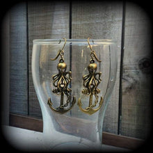 Load image into Gallery viewer, Octopus earrings Anchor Nautical Steampunk Industrial Tunnel earrings Pierced ears Gauged earrings French hooks Tunnel dangles Plug earrings