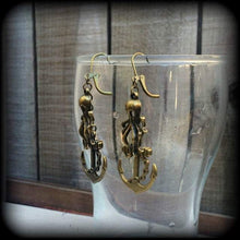 Load image into Gallery viewer, Octopus earrings Anchor Nautical Steampunk Industrial Tunnel earrings Pierced ears Gauged earrings French hooks Tunnel dangles Plug earrings