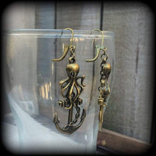 Load image into Gallery viewer, Octopus earrings Anchor Nautical Steampunk Industrial Tunnel earrings Pierced ears Gauged earrings French hooks Tunnel dangles Plug earrings