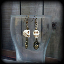 Load image into Gallery viewer, Voodoo Loa earrings Erzulie Tunnel earrings Skull Plug earrings Stone ear hangers Halloween Gothic Santeria Pierced ears Tunnel dangles 2g