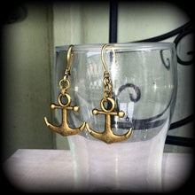 Load image into Gallery viewer, Anchor earrings, Nautical earrings, Beach jewelry, Steampunk jewelry, Sailor Jerry jewelry, Tunnel earrings, Plug earrings, Dangle earrings