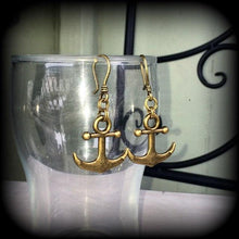 Load image into Gallery viewer, Anchor earrings, Nautical earrings, Beach jewelry, Steampunk jewelry, Sailor Jerry jewelry, Tunnel earrings, Plug earrings, Dangle earrings