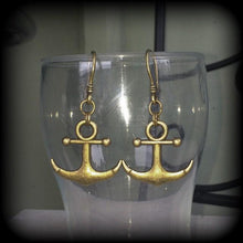Load image into Gallery viewer, Anchor earrings, Nautical earrings, Beach jewelry, Steampunk jewelry, Sailor Jerry jewelry, Tunnel earrings, Plug earrings, Dangle earrings