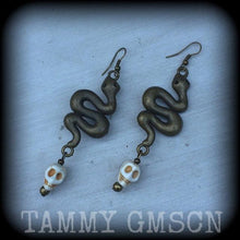Load image into Gallery viewer, Sky father earrings, Snake earrings, Voodoo earrings, Vodou jewelry, Loa, Danballa Wedo, Damballah, Plug earrings, Haitian Tunnel dangles 0g