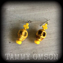 Load image into Gallery viewer, Rigor Mortis Skull earrings Gothic earrings Skull ear hangers Gothic earrings Skull jewelry Halloween earrings Tunnel dangles 6mm 8mm Gauges