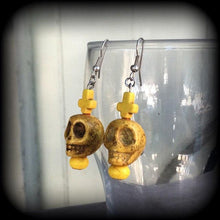 Load image into Gallery viewer, Rigor Mortis Skull earrings Gothic earrings Skull ear hangers Gothic earrings Skull jewelry Halloween earrings Tunnel dangles 6mm 8mm Gauges