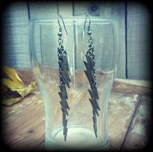 Load image into Gallery viewer, Lightning bolt earrings, Kitsch earrings, Bowie earrings, Dangle earrings, Stormy, Rain, Earrings for pierced ears or stretched lobes