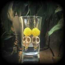 Load image into Gallery viewer, Rockabilly earrings Halloween ear hangers Day of the Dead Skull Rose earrings Santeria Voodoo Los Muertos Cinco de Mayo Tunnel dangles 0g 2g