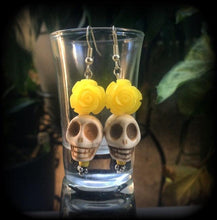 Load image into Gallery viewer, Rockabilly earrings Halloween ear hangers Day of the Dead Skull Rose earrings Santeria Voodoo Los Muertos Cinco de Mayo Tunnel dangles 0g 2g