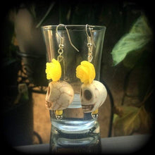 Load image into Gallery viewer, Rockabilly earrings Halloween ear hangers Day of the Dead Skull Rose earrings Santeria Voodoo Los Muertos Cinco de Mayo Tunnel dangles 0g 2g
