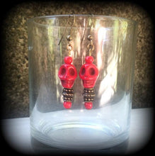 Load image into Gallery viewer, Kali earrings, Goddess earrings, Hindu Goddess jewelry, Red skull earrings, Hindu earrings, Kali Aarti jewelry, Tunnel dangles, Ear hangers