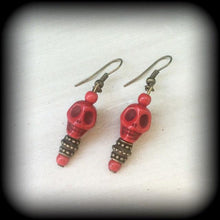 Load image into Gallery viewer, Kali earrings, Goddess earrings, Hindu Goddess jewelry, Red skull earrings, Hindu earrings, Kali Aarti jewelry, Tunnel dangles, Ear hangers