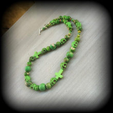 Load image into Gallery viewer, Skull necklace Zombie necklace Halloween necklace Inverted Cross necklace Jasper necklace Los Muertos jewelry Rigor Mortis Green jewelry