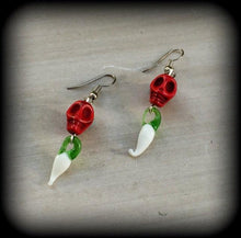 Load image into Gallery viewer, Skull earrings Chilli earrings Day of the Dead earrings Cinco de Mayo earrings Stone earrings Glass earrings Pierced ears Stretched ears