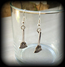 Load image into Gallery viewer, Witchy earrings Besom earrings Witches broom Pagan earrings Gothic earrings Halloween earrings Tunnel dangles Tunnel earrings Plug dangles