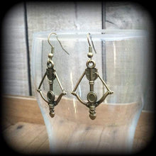 Load image into Gallery viewer, Bow and Arrow Earrings, Goddess Artemis, Cross Bow, Tunnel earrings, Pan jewelry, Saggitarius earrings, Centaur, Wicca, Diana, Plug earrings