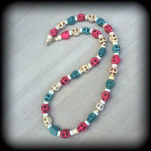 Load image into Gallery viewer, Sugar Skull necklace choker Skull necklace Day of the Dead 'Sugar Skull' Candy Coloured Skull Howlite stone Halloween Los Muertos necklace