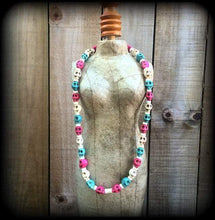 Load image into Gallery viewer, Sugar Skull necklace choker Skull necklace Day of the Dead 'Sugar Skull' Candy Coloured Skull Howlite stone Halloween Los Muertos necklace