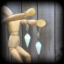 Load image into Gallery viewer, 8mm 0 gauge tunnel dangles Opalite ear weights 6 gauge Moonstone ear hangers 2 gauge Tunnel earrings 10mm Gauges Plug earrings Plug dangles