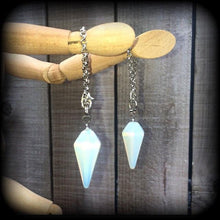 Load image into Gallery viewer, 8mm 0 gauge tunnel dangles Opalite ear weights 6 gauge Moonstone ear hangers 2 gauge Tunnel earrings 10mm Gauges Plug earrings Plug dangles