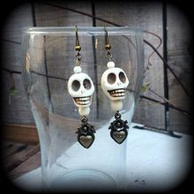 Load image into Gallery viewer, Skull earrings Voodoo earrings Heart earrings Erzulie Day of the dead earrings Love Tunnel dangles Plug dangles Tunnel earrings Santeria 0g