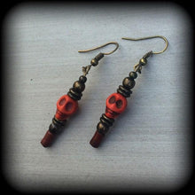 Load image into Gallery viewer, Skull earrings, Voodoo earrings, Papa Legba, Santeria, Skull jewelry, Tunnel earrings, Plug earrings, Hanging gauges, Plug gauges 8g 6g 4g