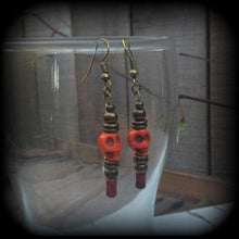 Load image into Gallery viewer, Skull earrings, Voodoo earrings, Papa Legba, Santeria, Skull jewelry, Tunnel earrings, Plug earrings, Hanging gauges, Plug gauges 8g 6g 4g