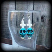 Load image into Gallery viewer, Frost Bite earrings  Day of the Dead earrings Skull earrings Inverted cross earrings Halloween earrings Plug dangles Tunnel earrings Gauges
