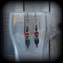 Load image into Gallery viewer, Skull earrings Voodoo Loa Papa Legba earrings Stone Bronze Jasper Tunnel earrings Dangle earrings Pierced ears Tunnel dangles Plug earrings