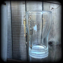 Load image into Gallery viewer, Arrow earrings Cupid earrings Dangle Bow and Arrow Goddess Sagittarius Artemis Gauged earrings Wicca Pan Nature Pierced ears Stretched ears