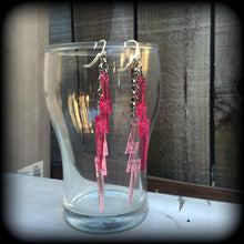 Load image into Gallery viewer, Lightning Bolt earrings Pink Retro Kitsch earrings Bowie earrings Tunnel dangles Plug earrings Pierced ears Stretched ears Gauges Plugs 0g