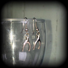 Load image into Gallery viewer, Wish bone earrings, Lucky earrings, Good luck earrings, Good luck charm, Dangle earrings, Wish bone jewelry, Tunnel earrings, Plug dangles