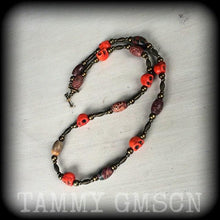 Load image into Gallery viewer, Voodoo necklace Papa Legba necklace Stone necklace Skull necklace Jasper necklace Los Muertos necklace Skull choker Santeria necklace