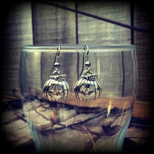Load image into Gallery viewer, Halloween Earrings Pumpkin Earrings Jack O' Lantern Pumpkin Dangle earrings Pumpkinhead Zombie Horror Movie Pierced ears Samhain Los Muertos