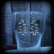 Load image into Gallery viewer, Jigsaw earrings Puzzle piece earrings Autism earrings Autism jewelry Kitsch earrings Gamer earrings Nerd earrings 8g 6g 4g Tunnel earrings