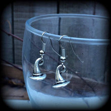 Load image into Gallery viewer, Witches earrings Witches hat earrings Halloween earrings Wizard earrings Occult earrings Evil earrings Samhain earrings Pug dangles Gauges