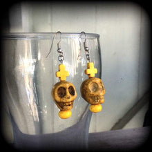 Load image into Gallery viewer, Rigor Mortis Skull earrings Gothic earrings Skull ear hangers Gothic earrings Skull jewelry Halloween earrings Tunnel dangles 6mm 8mm Gauges