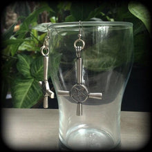 Load image into Gallery viewer, Inverted Cross earrings, Inverted pentagram earrings, Church of Satan, Tunnel earrings, Gothic jewelry, Occult jewelry, Pierced Ears 20g